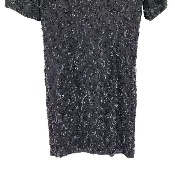 Vintage 80's Niteline Dress Silk Formal Black Swirl Sequin Beaded Short Sleeve 4 - Picture 6 of 11